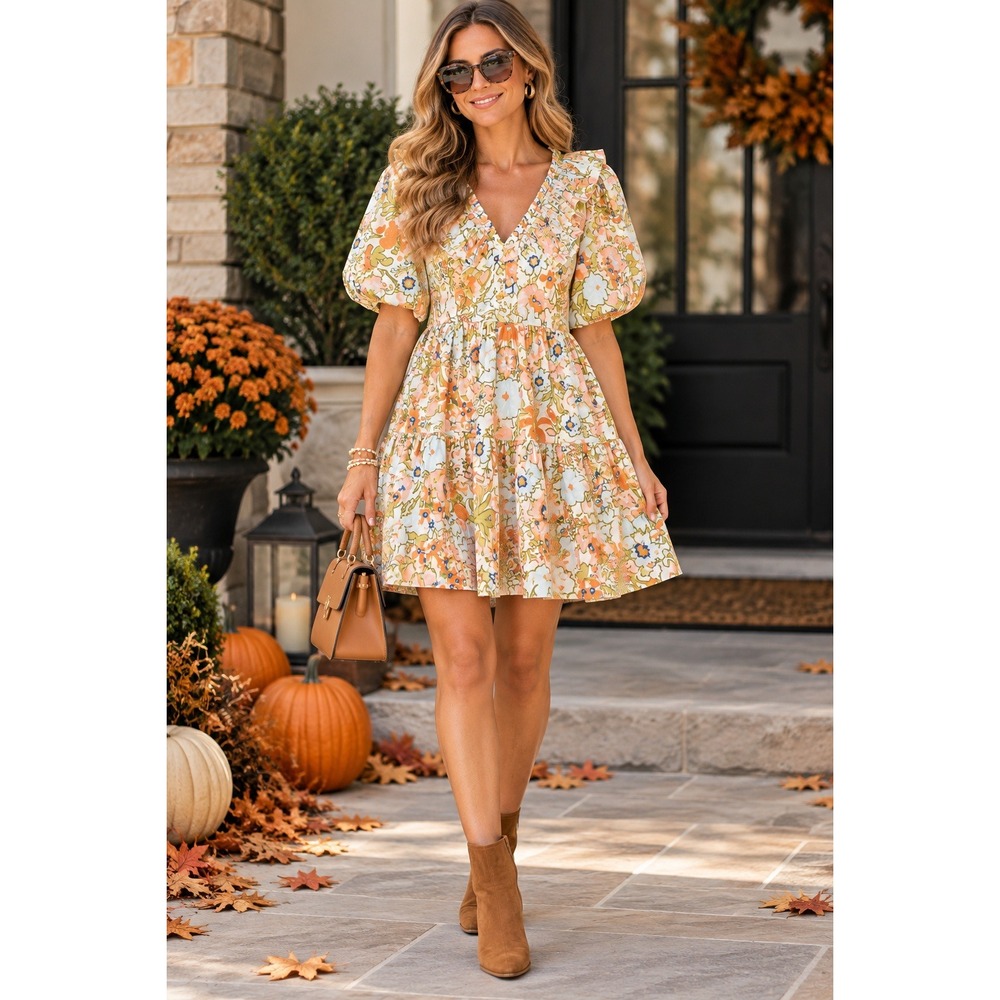 Cleobella Farrah Retro Fall Floral Mini Dress Ruffle Collar (MSRP: $268) Small